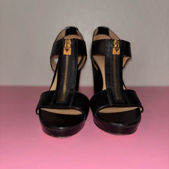 Michael Kors Shoes - Michael Kors Berkley T Strap Platform Leather Heels with Gold Accents